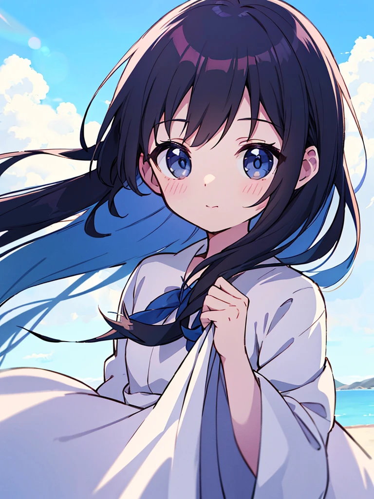 absurderes, hight resolution, (Anime style:1.1), ((masutepiece)), ((Best Quality)), (Ultra-detailed), (Beautiful), solo, Beautiful face、(liftup)、Cute  looking at the view from the top of a skyscraper that is closer to the atmosphere,Wind,Thin White colorful long hair,, Blue Eyes,Lens Flare,Dramatic,Detailed Ancient City、Skirt fluttering in the wind、Clouds below looking down、(Don't look here:1.4)