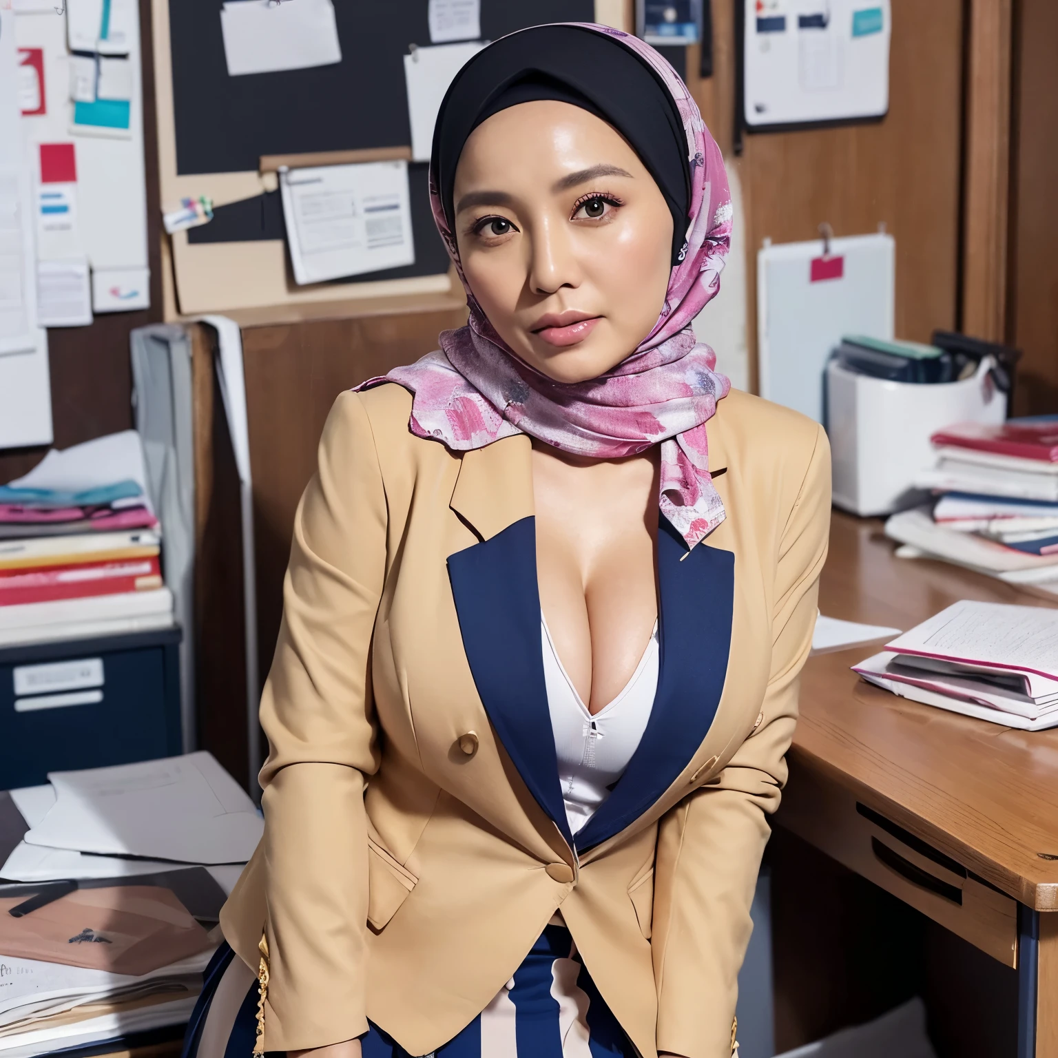 ((1woman)), Female Politician, Middle-aged Woman, Plump, 40 years old, ((Blazer:1.3)), ((Hijab, Long Skirt)), Portrait, ((Messy Office:1.2)), ((Sweat:1.0)), ((Upward Gazing:1.3)), ((Mix of Indonesian-Japanese Heritage:1.1)), ((Ex-Gravure Idol:1.1)), ((Tight Clothes:1.2)), ((Half-Naked:1.0)), ((Breasts Out:1.0)), ((K Cup:1.0)), ((Fake Implant:1.0)), ((Massive Cleavage))