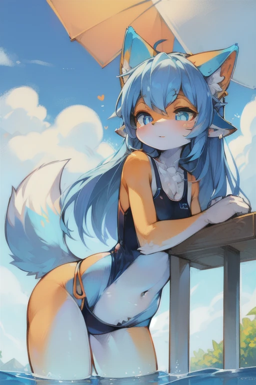 Fluffy, Lovely, woman, Blue fur, Small amount of orange fur, Light blue pupils, Pure white ears,Ear tip orange,Sky blue tail, Tail tip orange, Good shape,Swimsuit
