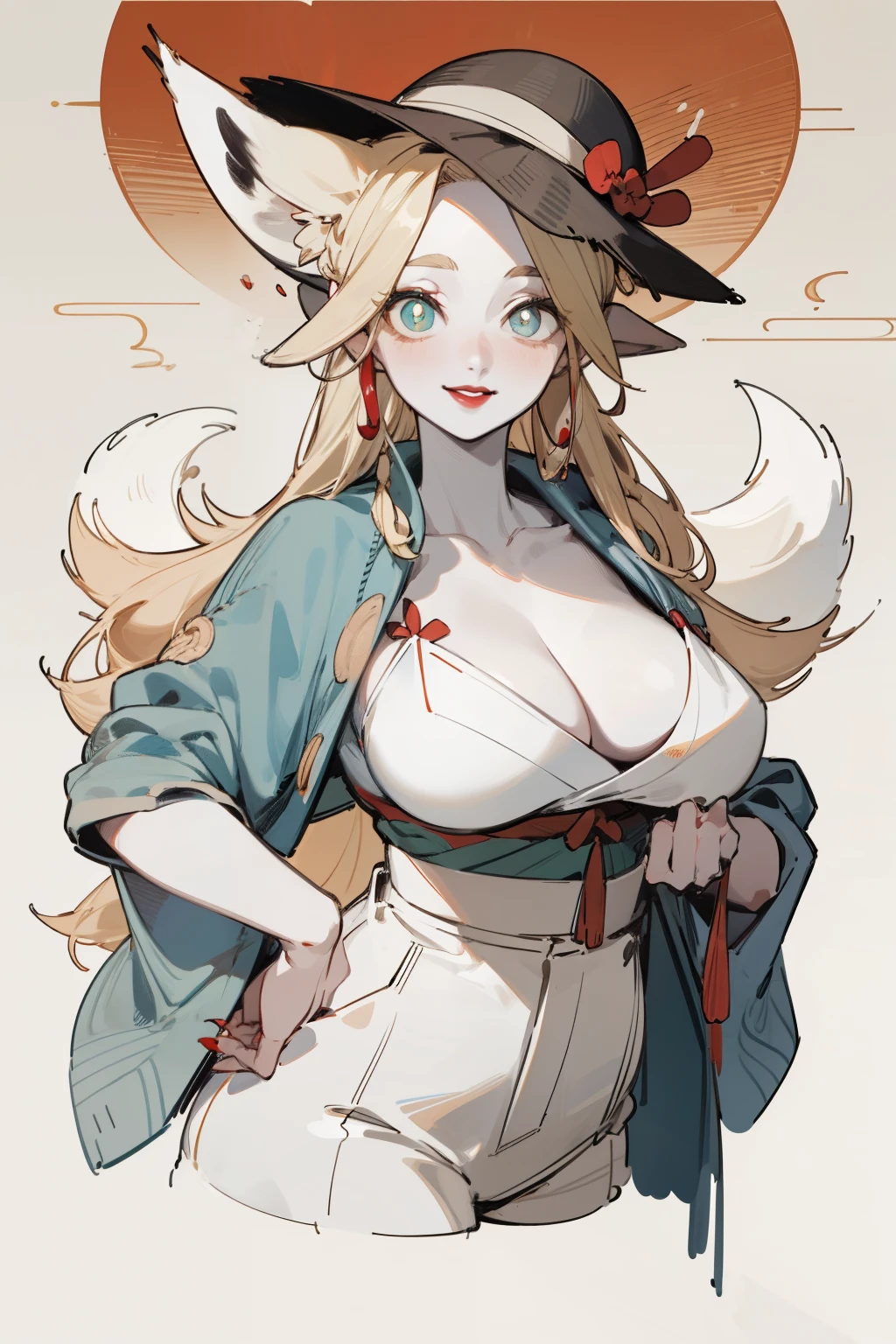 Upper body standing painting, White skin, (Fox ears), Exquisite eyes,Red Eyeshadow, Red lips，White shorts,Fake laugh, Ukiyo-e, masterpiece, high quality, at the lowest limit, Tiny,White boots，Huge breasts，Wearing a straw hat