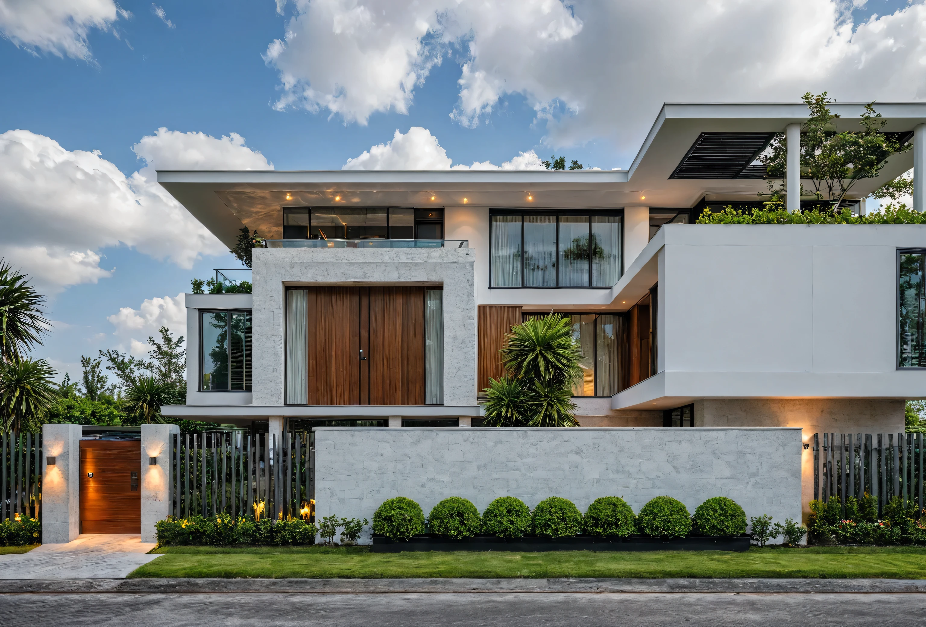 Masterpiece, high quality, best quality, authentic, super detail, outdoors, onestoreyvillaXL, aiaigroup, house style modern on the street ,stairs, white wall ,road,pavement, grass, trees, sky, cloud, (daylight:1.1)