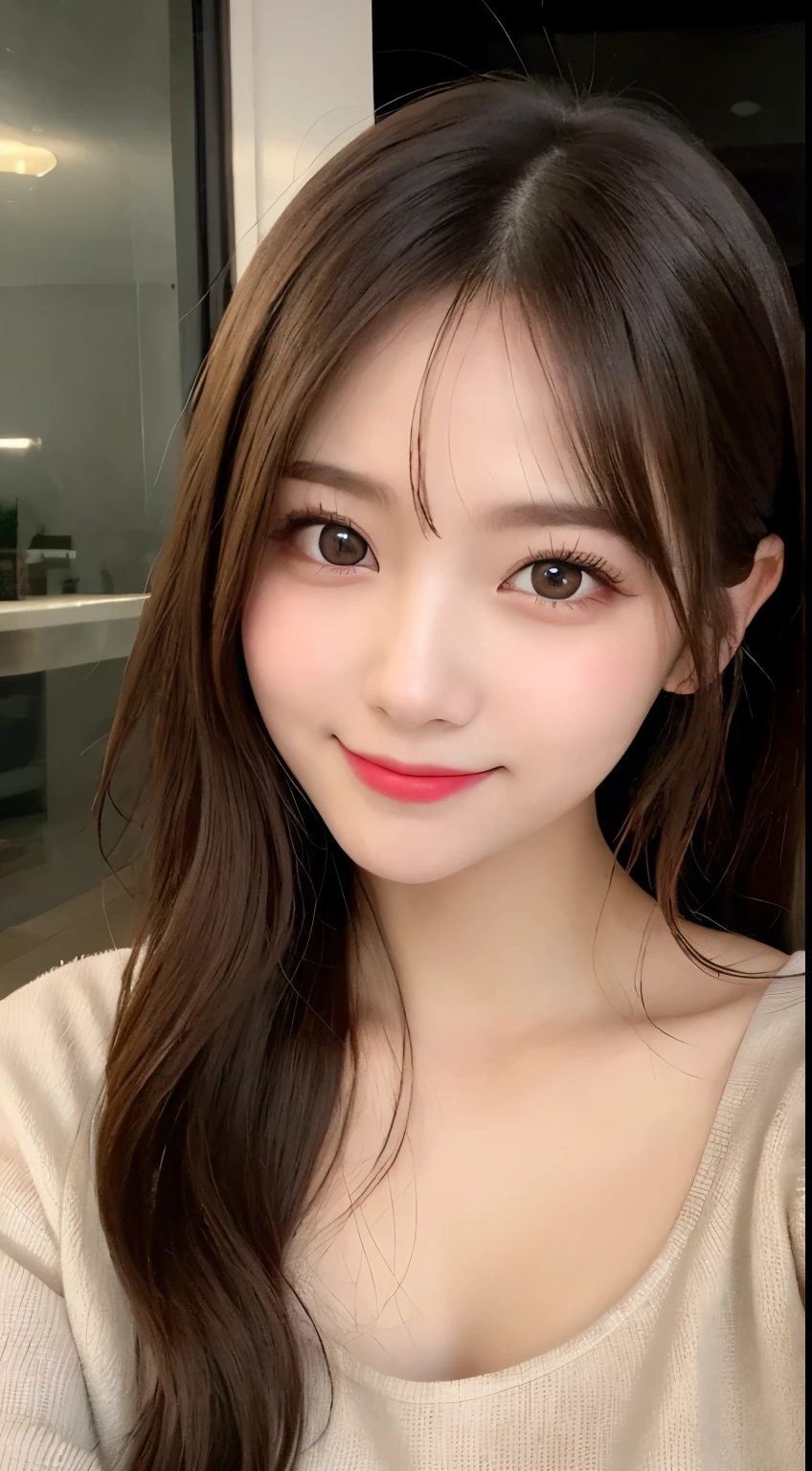 Tabletop, highest quality, shape, Very detailed, finely, High resolution, 8k wallpaper, 完璧なダイナミックな構shape, Beautiful and detailed,ランダムなcute髪,,Natural color lip, Bold sexy pose,smile、20-year-old girl、cute、Looking at the camera,Always blur the background,Perfect and beautiful face,Slim face and figure,Big eyes、Putting on gal makeup,Small face,Shooting from below、smile,Blurred Background,Elegant feminine face、Cyberpunk Fashion、smile