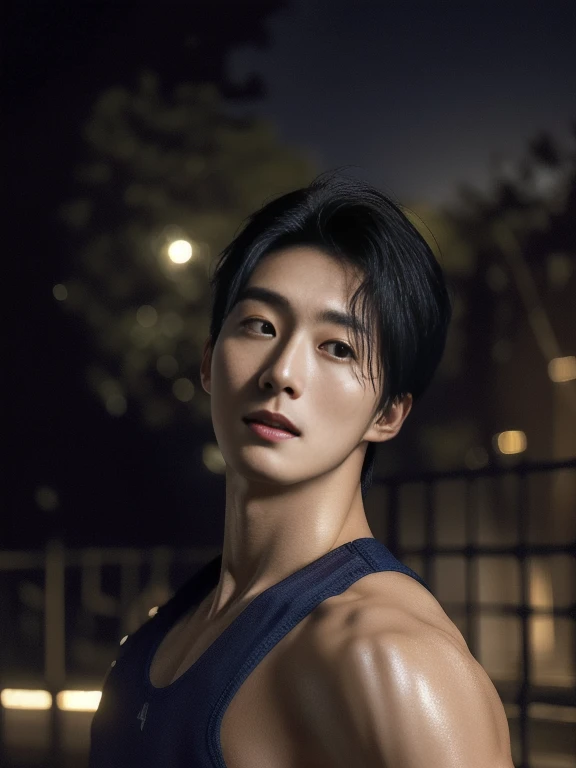 solo, male focus, (masterpiece, ultra quality, high resolution, 8k, intricate: 1.2), (detailed face:1.2), handsome, Young Korean man , , detailed skin, 1boy, ((realistic)), (muscular), policeman, , head tilted back, mouth open, saliva, (kneeling:1.3),leaning back, (police uniform, underwear, Water Spots, Black Pattern: 1.2, Underpants Raised), , ((Bust Portrait)), (Outdoor: 1.35), Moonlight, Alley, Shadows (Particles, Fireflies, Blue Glow): 1.3, Detailed backgrounds, realistic, realistic hands, 8k hd, (dark shadows, wide dynamic range, hdr, low light: 1.2)