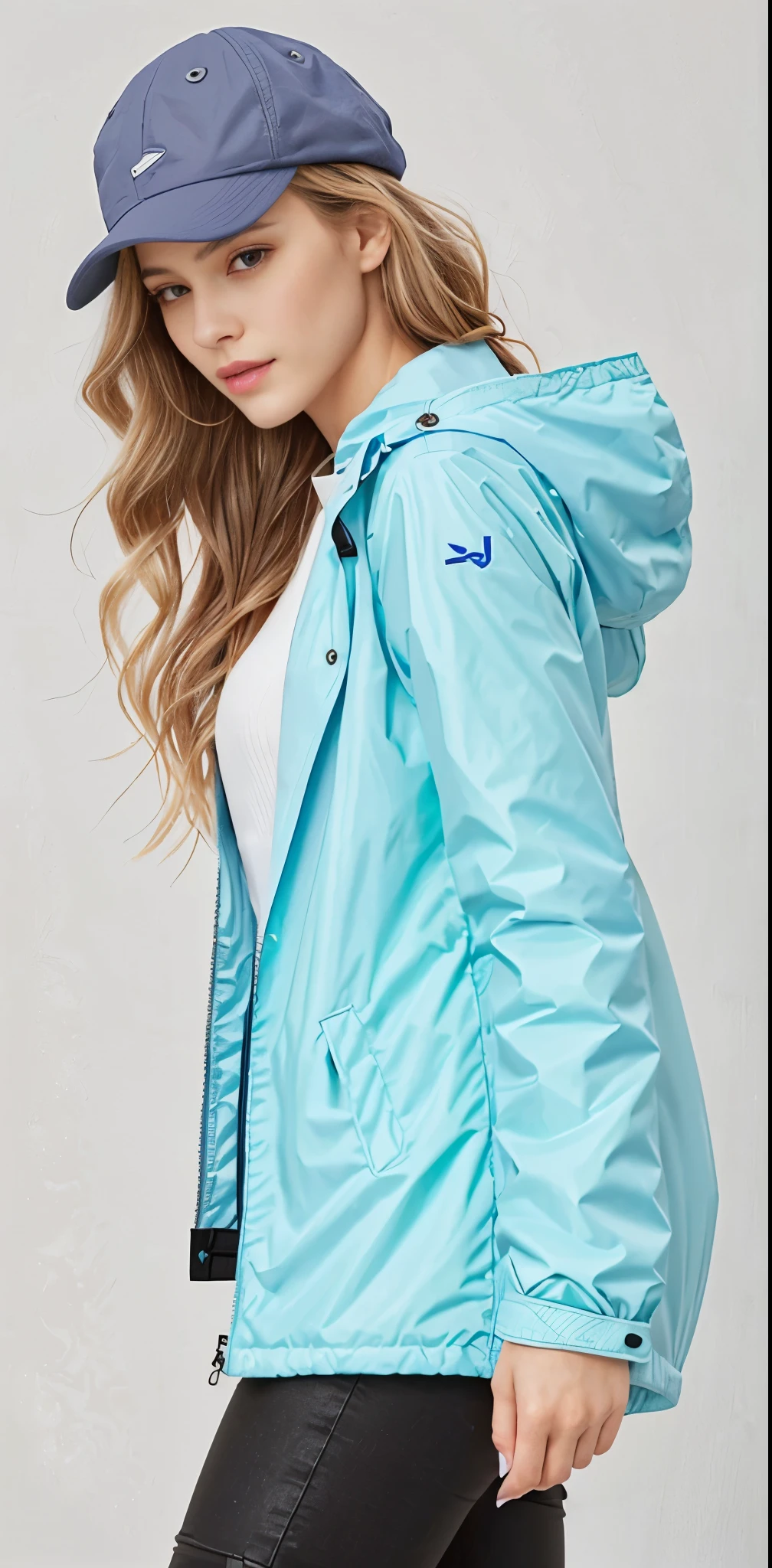 a woman wearing a blue jaqueta and cap with a white top, blue jaqueta, garota de capa de chuva, wearing a blue jaqueta, in teal clothes, wearing blue jaqueta, vestindo um moletom azul neon, she is wearing a wet coat, espuma do mar verde, vestindo um moletom azul, Tempo nublado, harmony blue jaqueta, jaqueta, Parka Azul, solid color, dia nublado