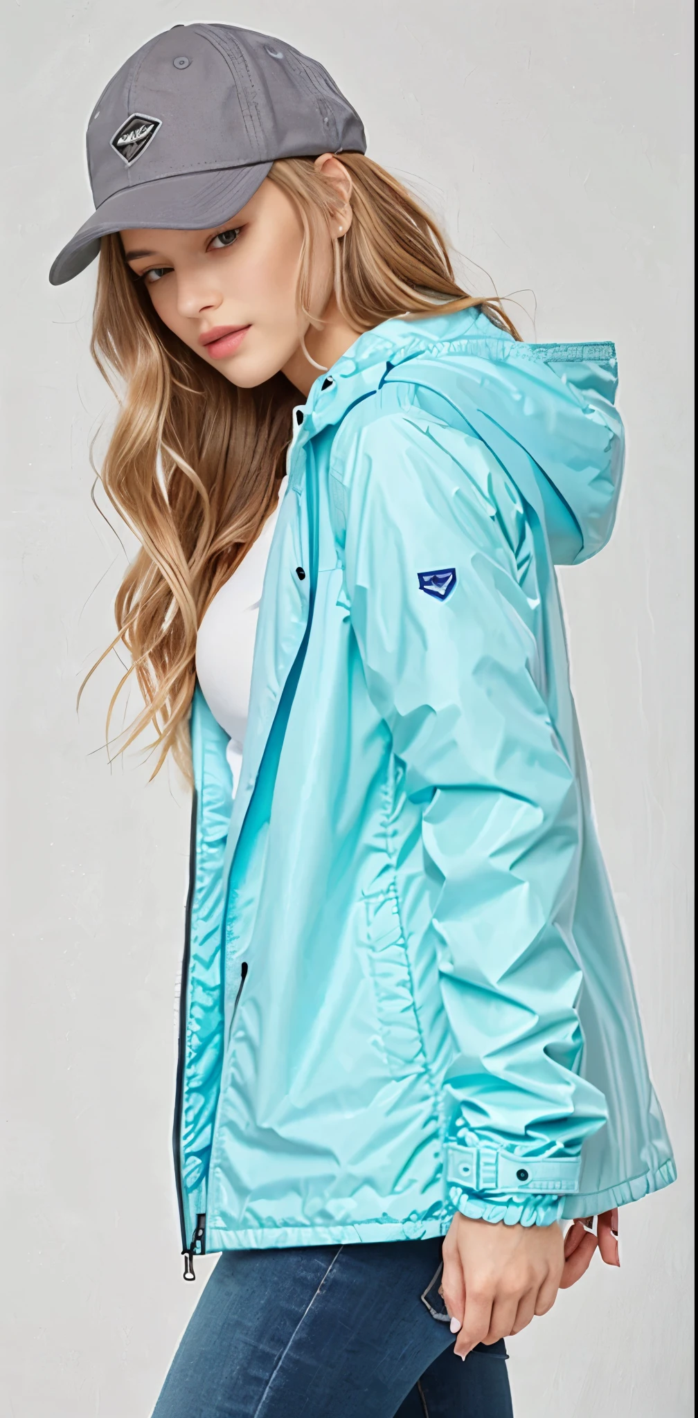 a woman wearing a blue jaqueta and cap with a white top, blue jaqueta, garota de capa de chuva, wearing a blue jaqueta, in teal clothes, wearing blue jaqueta, vestindo um moletom azul neon, she is wearing a wet coat, espuma do mar verde, vestindo um moletom azul, Tempo nublado, harmony blue jaqueta, jaqueta, Parka Azul, solid color, dia nublado