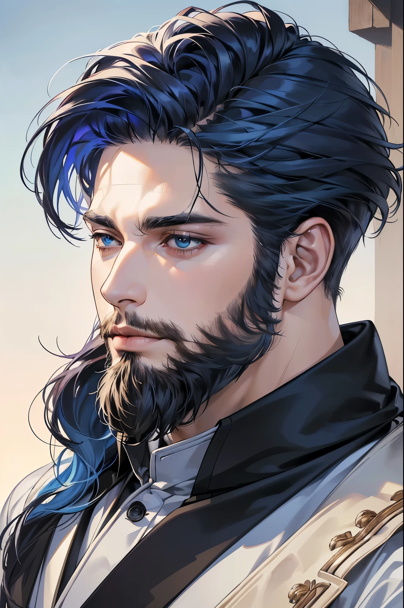 (best quality,4k,8k,highres,masterpiece:1.2),ultra-detailed,(realistic,photorealistic,photo-realistic:1.37),30 year old man,3 day beard,handsome anime,portraits,strong,masculine,dark blue hair,sharp jawline,mesmerizing eyes,perfectly styled hair,cool anime outfit,confident expression,vibrant colors,dynamic lighting