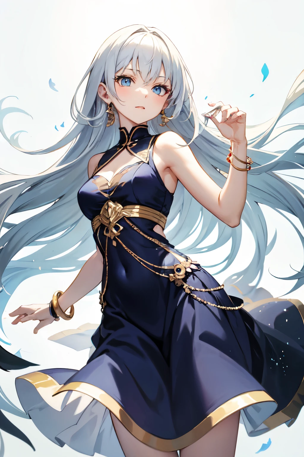 Anime girl with long white hair and dark blue eyes wearing a flowy dress that follows her movements with bangles and bracelets on her wrist