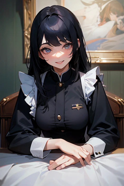 (Highest Resolution, clear_image) highest quality, Single person, One Woman, alone, masterpiece, Very detailed, Semi-realistic, Black Hairのショートヘア, Black Hair, bangs, 18-year-old, mature, light blue uniform, uniform, Indoor Background, kind, Authoritative, powerful, exquisite features, exquisite features、Eyelashes become longer、Showing teeth、smile😀、Maid clothes、Touching hair、