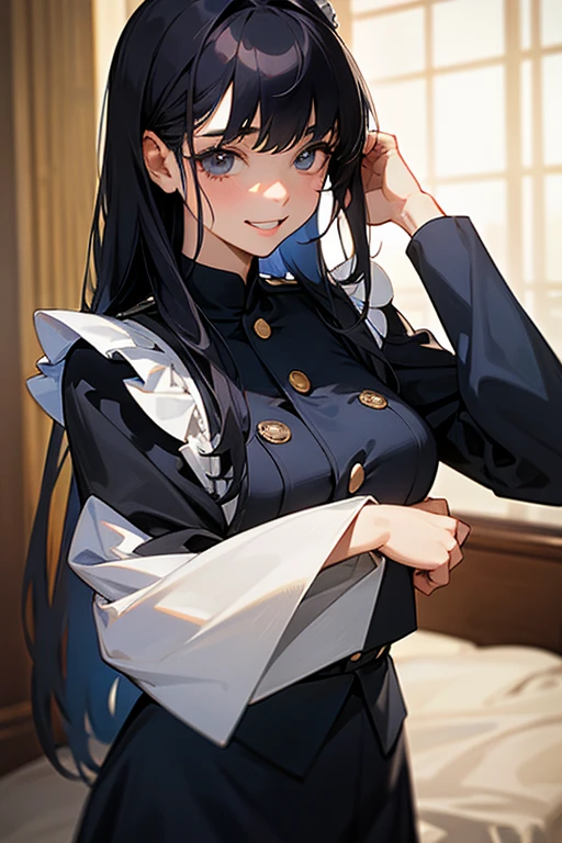 (Highest Resolution, clear_image) highest quality, Single person, One Woman, alone, masterpiece, Very detailed, Semi-realistic, Black Hairのショートヘア, Black Hair, bangs, 18-year-old, mature, light blue uniform, uniform, Indoor Background, kind, Authoritative, powerful, exquisite features, exquisite features、Eyelashes become longer、Showing teeth、smile😀、Maid clothes、Touching hair、