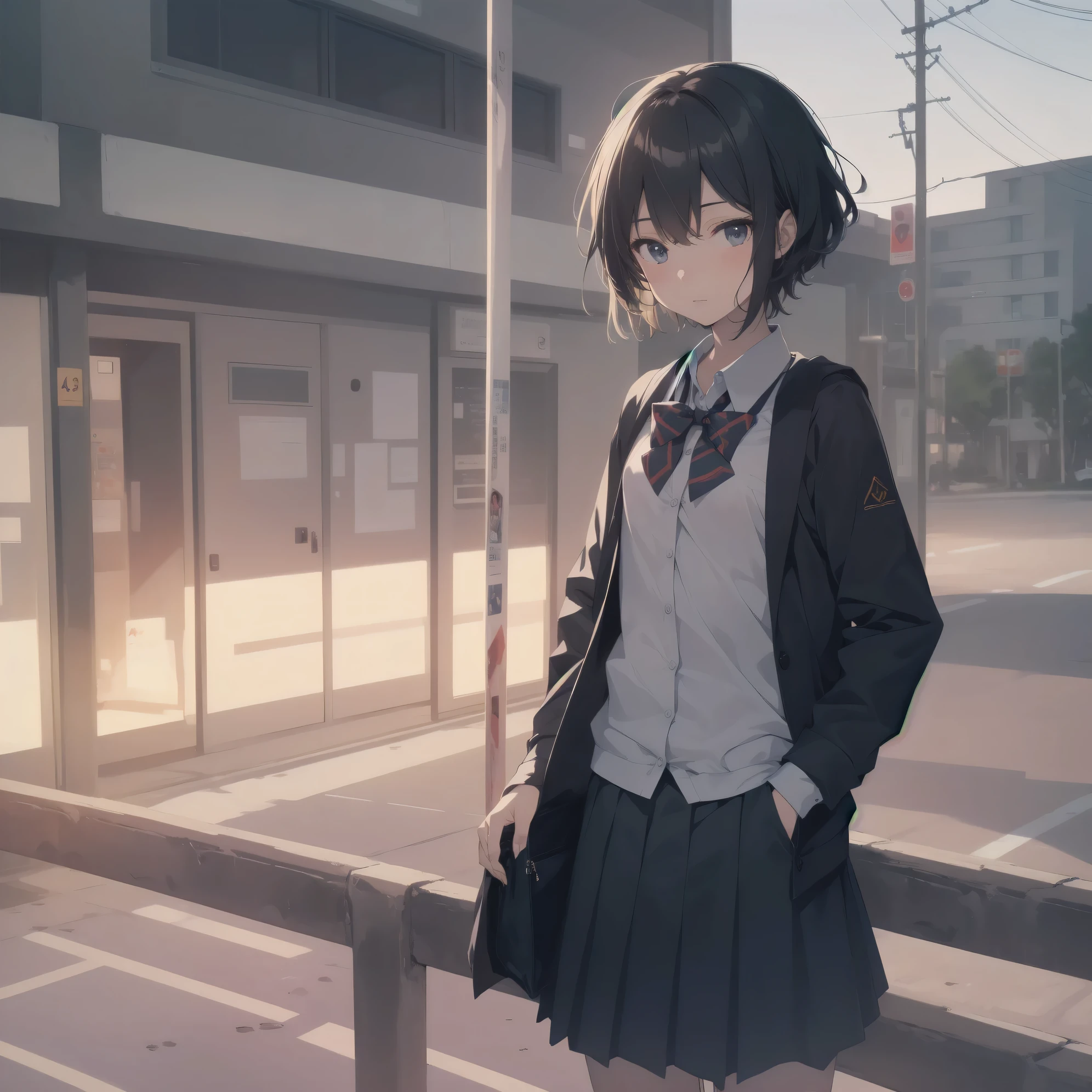 ultra-absurdres-Top quality by artist God, ultra-detailed, high resolution, anime moe artstyle, best anime 8k konachan wallpaper, pixiv contest winner, pool:2810, perfect anatomy,break, 1girl, (Please draw a girl walking sleepily to school alone. )break,(Solo,little female, 13-year-old:1.3),Full limbs, complete fingers,a junior high school student,  (very short hair), short cut, flat chest, , small butt, small black eyes, beautiful detailed eyes, well-proportioned iris and pupils, expressive eyes, highres detailed hair, soft expression, school_uniform, bowtie, collared shirt.  pleated skirt,(Detailed Lighting), (Detailed background), in the School commute route. break,super detailed skin, Best cinematic lighting powered by famous artist, 8k,beauty illustration,photoshop_(medium),very aesthetic,break,((artist:dd_(ijigendd) )), artist:bolze ,artist:oyari ashito ,artist:kantoku ,