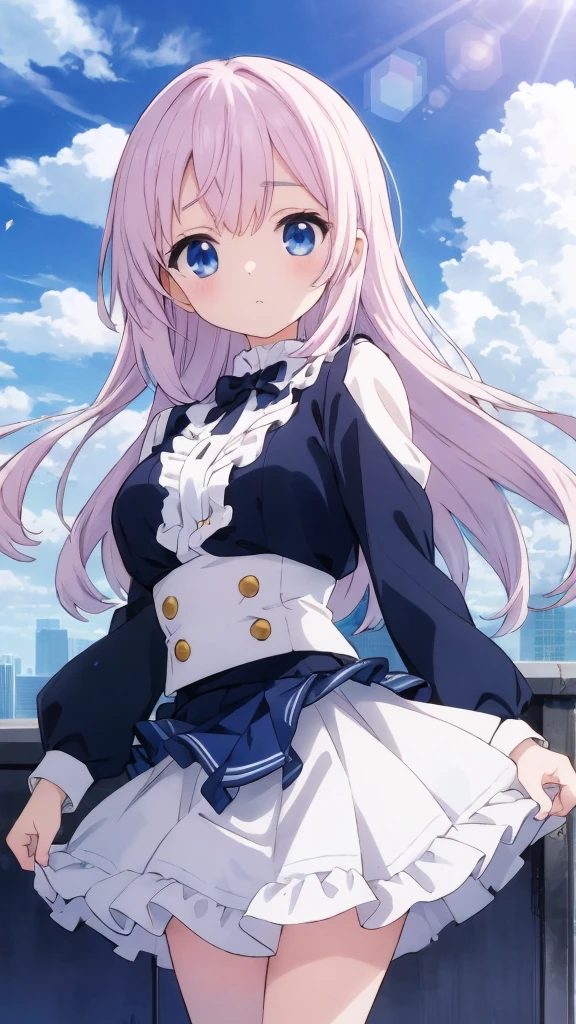 absurderes, hight resolution, (Anime style:1.1), ((masutepiece)), ((Best Quality)), (Ultra-detailed), (Beautiful), solo, Beautiful face、(liftup)、Cute  looking at the view from the top of a skyscraper that is closer to the atmosphere,Wind,Thin White colorful long hair,, Blue Eyes,Lens Flare,Dramatic,Detailed Ancient City、Skirt fluttering in the wind、Clouds below looking down、(Don't look here:1.4)