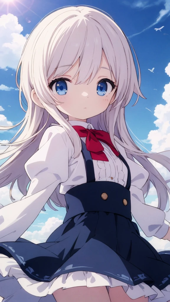 absurderes, hight resolution, (Anime style:1.1), ((masutepiece)), ((Best Quality)), (Ultra-detailed), (Beautiful), solo, Beautiful face、(liftup)、Cute looking at the view from the top of a skyscraper that is closer to the atmosphere,Wind,Thin White colorful long hair,, Blue Eyes,Lens Flare,Dramatic,Detailed Ancient City、Skirt fluttering in the wind、Clouds below looking down、(Don't look here:1.4)
