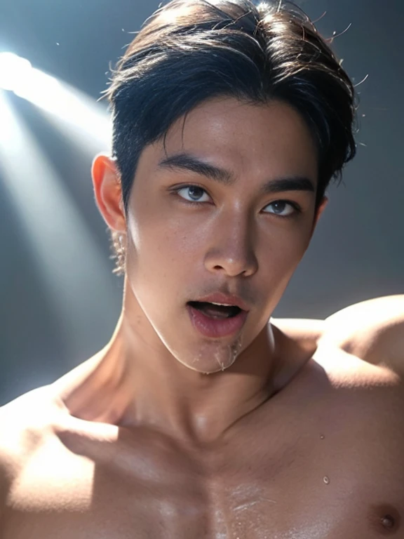masterpiece, ultra quality, high resolution, 8k, intricate: 1.2), (detailed face:1.2), handsome, Young Korean man ,white skin, double eyelids , detailed skin, 1boy, ((realistic)), abs, good lighting quality, muscle veins, ((pale skin)),(8K, RAW photo, Highest quality),Realistic,frontage,Intricate details,opened mouth,Extremely detailed eyes and eyelasheuscular male,Manly,Exposing the pectoral muscleposing abs,white thong panties,,Soft lighting,Cinematic lighting,Portrait,Close-up,Lovingly,((good light quality)), 1boy, ahg, rolling eyes, mouth open and tongue out ,cowboy shot,, , saliva, solo, sweat, (drooling),((salivating))