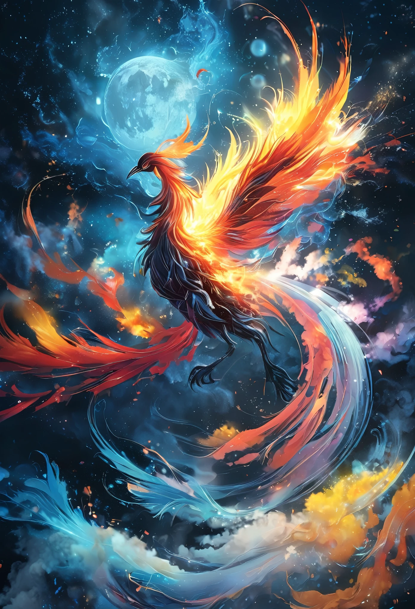 ((phoenix)),paint splash, color smokes, color splash, colorful, wet glossy, swirling, midnight, night skyscape, supernova, moon, galaxies, spirals, space, nebulae, stars, smoke, ((masterpiece)), (high quality), (Ultra-HD), (high-resolution), (4k, 8k, 16k), (epic), (insanely detailed:1.5), (hyper-realistic:1.2), (HDR, vivid colors, colorful), (vfx, bokeh), (volumetric lighting, global illumination, ray tracing:1), absurdres, anime style, concept art, professional drawing, digital drawing, edge lines, harsh shadows, high contrast, ultra-realistic, RAW, award winning photography, professional film photography, film photography:1.2, photorealistic, depth of field, shallow focus, (studio lighting:1), (studio film photography:1.1), BadDream, FastNegativeV2, carcosa city, ananmo