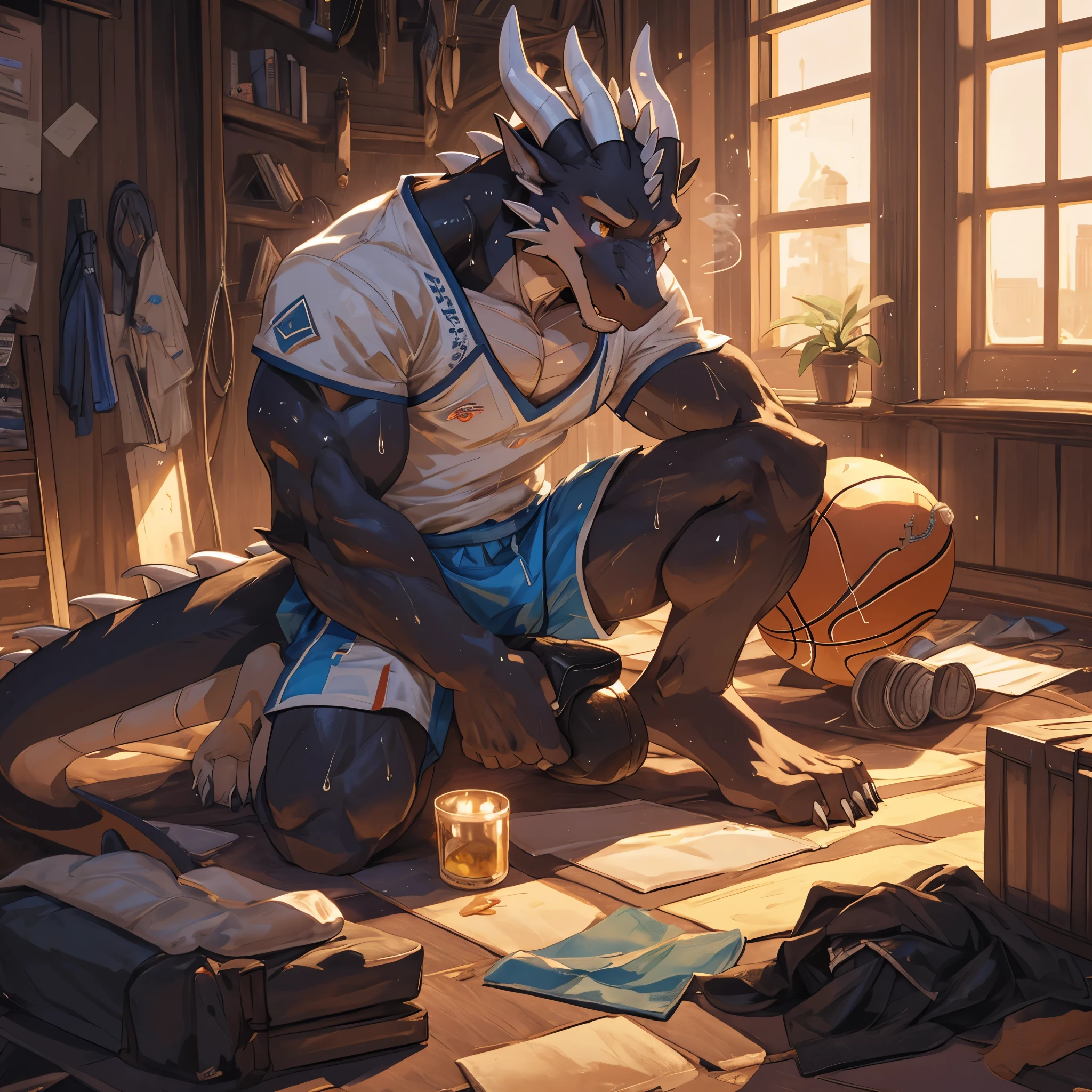 Publaz, (Black Dragon), Black fur, Two-color, Golden Eyes, (muscle发达的身体:1.3), Perfect eyes, Handsome, OK,(White basketball jersey),(close up),(Happy eyes:1.2),Look at the screen,(Dragon Horn),(Dragon tail),Different students,A perfect masterpiece,(16K),White belly,Solitary,((Strong)),(Sweat),(Dick:1.2),Perfect proportion,front,blush,(Open your mouth slightly and breathe.:1.2),(Close Range:1.2),(clothes soaked with Sweat:1,3),Strong,muscle,more details,CG,Lying in a cardboard box,Hand and foot quilt