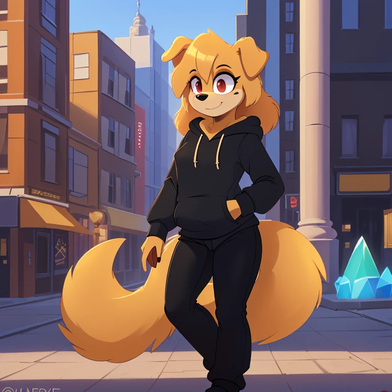 mobian female (golden retriever), ((masterpiece)), cute, attractive, ( wearing a hoodie:1.3), (wearing a black pants:1.5), medium , (correct proportions), (royal golden body fur:1.5), ( golden belly fur:1.1), (hair (royal golden color)):1.5, medium fluffy hair, (crystal red eyes):1.3, (dog tail):1.2, (dog ears):1.2, (city:1.5)