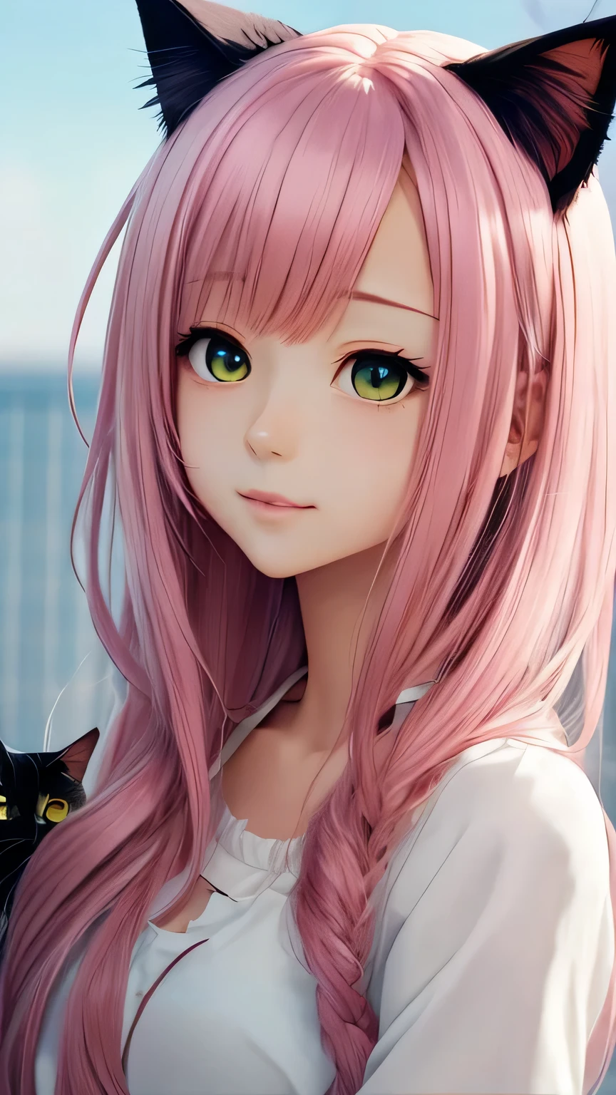 There is a woman with pink hair and cat ears., Very beautiful cute cat girl, Charming cat girl, Real life anime girls, Ultra realistic anime, beautiful Anime cat girl, Anime cat girl, Beautiful young cat girl, Very Beautiful Anime Cat Girl, Surreal , Enchanting anime girl, cute Anime cat girl, Cat ears anime girl、Only the face