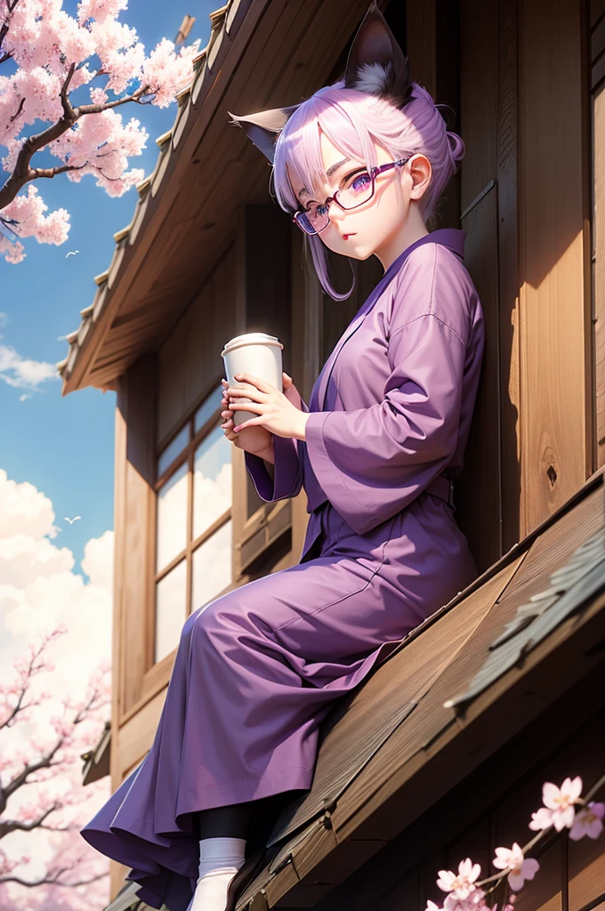 Siamese cat, anime style, holding coffee, wearing glasses, purple eyes, siting in japanese roof, cloudy sky, cherry blossom background,