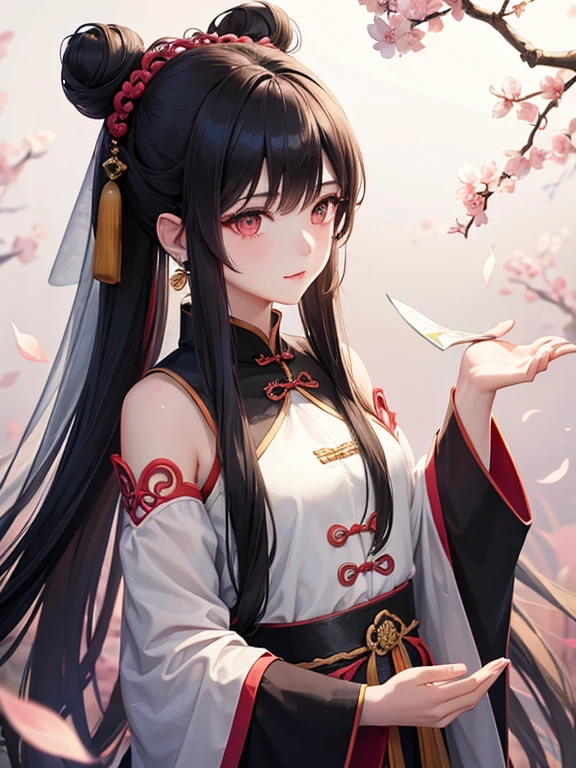 a beautiful chinese girl, ancient hair bun, long hair, pale skin, fairy style, bright colour, gentle abstract painting