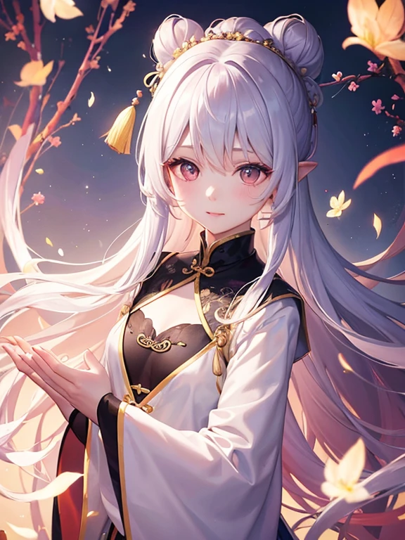 a beautiful chinese girl, ancient hair bun, long hair, pale skin, fairy style, bright colour, gentle abstract painting