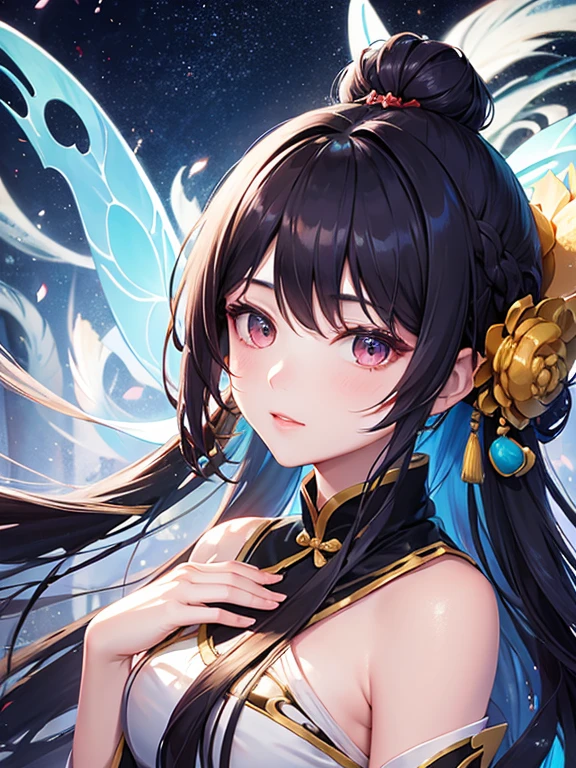 a beautiful chinese girl, ancient hair bun, long hair, pale skin, fairy style, bright colour, gentle abstract painting