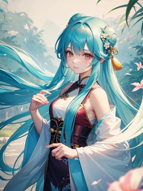 Big breasts Hatsune Miku,high saturated,a sense of atmosphere,quadratic element,Japanese painting style, A princess, White skin of the, Perfect skin details, Gradient hair, hight contrast