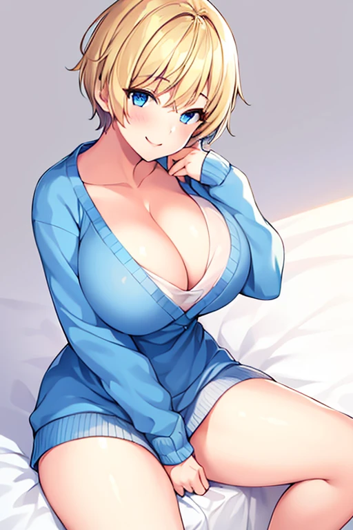 1girl, , large breastslegs, thick thighs, blue eyes, bed, sweater, white sweater, blonde hair, very short hair, pixie cut, tomboy, smile, cleavage, sitt