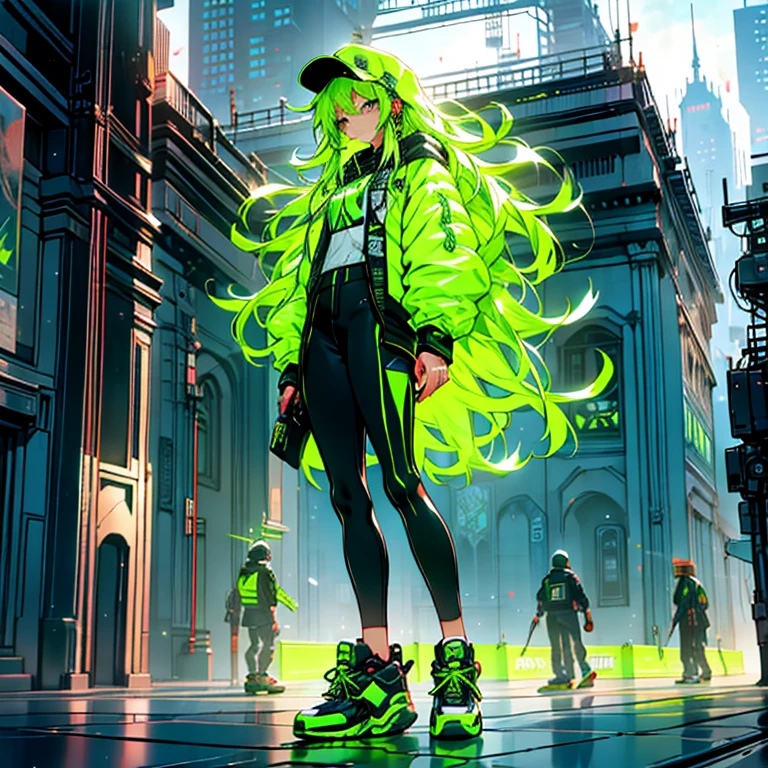 a person standing on a skateboard in front of a city, digital cyberpunk - anime art, acid-green sneakers, fire!! full body, panoramic centered view of girl, inspired by Russell Dongjun Lu, beautiful painting of a tall, orange neon, towering, walking over you, detailed –n 9, nike