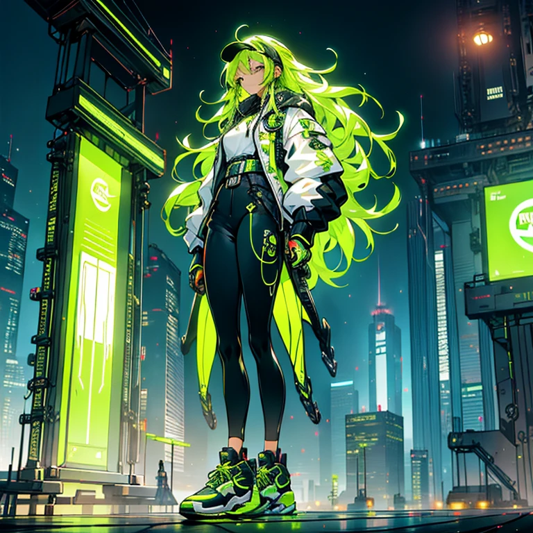 a person standing on a skateboard in front of a city, digital cyberpunk - anime art, acid-green sneakers, fire!! full body, panoramic centered view of girl, inspired by Russell Dongjun Lu, beautiful painting of a tall, orange neon, towering, walking over you, detailed –n 9, nike