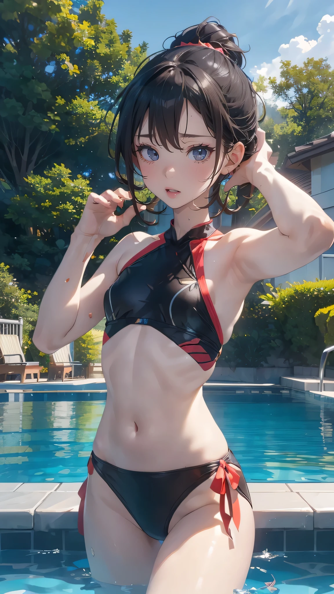 pool side,(random Active pose:1.8),embroidered rash guard,Ultra detailed skin,she is short,(Thin type:1.8),(Petite), Beautiful breasts,(flat chest:1.5), pale skin,(random hairstyle),(Highest image quality,(8k),ultra-realistic,best quality, high quality, high definition, high quality texture,high detail,beautiful detailed,fine detailed,extremely detailed cg,detailed texture,a realistic representation of the face,masterpiece,Sense of presence)