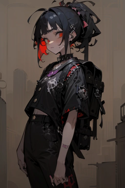 ((18-year-old punk girl,Unusual punk hair:1.3)),((Red and black punk fashion:1.5)),(Skeleton Brooch)Studded clothing、((punk rock patch))、((Black backpack on the back))、(Light black and blue hair:1.5),Wacky makeup、whole body, (masterpiece), (High resolution), (Very delicate), scribble, nightmare, Doll-like face, Manga style, rough sketch, Horror elements, Manga styleイラスト, Japanese painting, phantom, (Spooky), Japan sculpture, crazy illustration, antique, Dark atmosphere, Flat Illustration,Spookyな外観, Distinctive messy hairstyle, creative accessories, Unique atmosphere