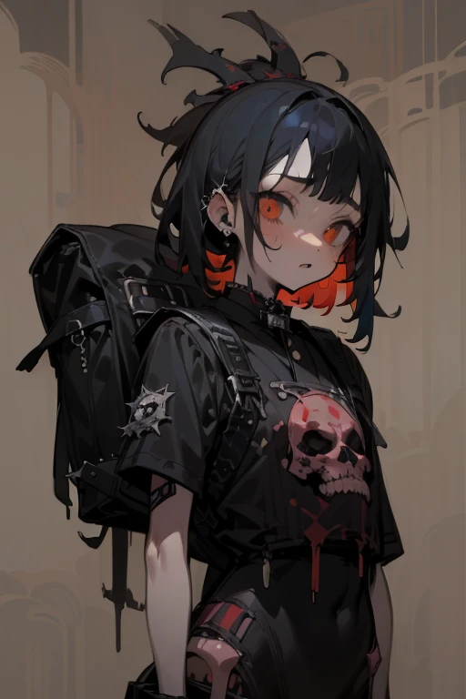 ((18-year-old punk girl,Unusual punk hair:1.3)),((Red and black punk fashion:1.5)),(Skeleton Brooch)Studded clothing、((punk rock patch))、((Black backpack on the back))、（Light black and blue hair:1.5）,Wacky makeup、whole body, (masterpiece), (High resolution), (Very delicate), scribble, nightmare, Doll-like face, Manga style, rough sketch, Horror elements, Manga styleイラスト, Japanese painting, phantom, (Spooky), Japan sculpture, crazy illustration, antique, Dark atmosphere, Flat Illustration,Spookyな外観, Distinctive messy hairstyle, creative accessories, Unique atmosphere
