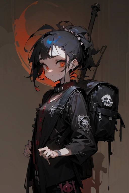 ((18-year-old punk girl,Unusual punk hair:1.3)),((Red and black punk fashion:1.5)),(Skeleton Brooch)Studded clothing、((punk rock patch))、((Black backpack on the back))、(Light black and blue hair:1.5),Wacky makeup、whole body, (masterpiece), (High resolution), (Very delicate), scribble, nightmare, Doll-like face, Manga style, rough sketch, Horror elements, Manga styleイラスト, Japanese painting, phantom, (Spooky), Japan sculpture, crazy illustration, antique, Dark atmosphere, Flat Illustration,Spookyな外観, Distinctive messy hairstyle, creative accessories, Unique atmosphere
