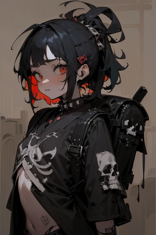 ((18-year-old punk girl,Unusual punk hair:1.3)),((Red and black punk fashion:1.5)),(Skeleton Brooch)Studded clothing、((punk rock patch))、((Black backpack on the back))、（Light black and blue hair:1.5）,Wacky makeup、whole body, (masterpiece), (High resolution), (Very delicate), scribble, nightmare, Doll-like face, Manga style, rough sketch, Horror elements, Manga styleイラスト, Japanese painting, phantom, (Spooky), Japan sculpture, crazy illustration, antique, Dark atmosphere, Flat Illustration,Spookyな外観, Distinctive messy hairstyle, creative accessories, Unique atmosphere
