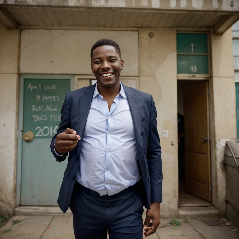 A man in front laughing with greedyness in his hand there is bundles of money and behind is a school building 
