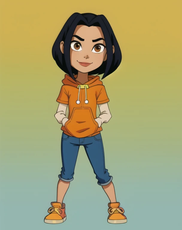 jadechan,short black hair,brown eyes,upper body, skinny, skinny legs, skinny hands, skinny neck, short stature,
orange short sleeved hoodie,white long sleeves,hood down,sneakers,blue pants,or jeans,hands in pockets,1girl,solo,(small breasts:1.2),short hair,black hair,charming posing, pants,cartoon Hong Kong,morning,(insanely detailed, beautiful detailed face, masterpiece, best quality) solo, smiling,charming posing, full body view,