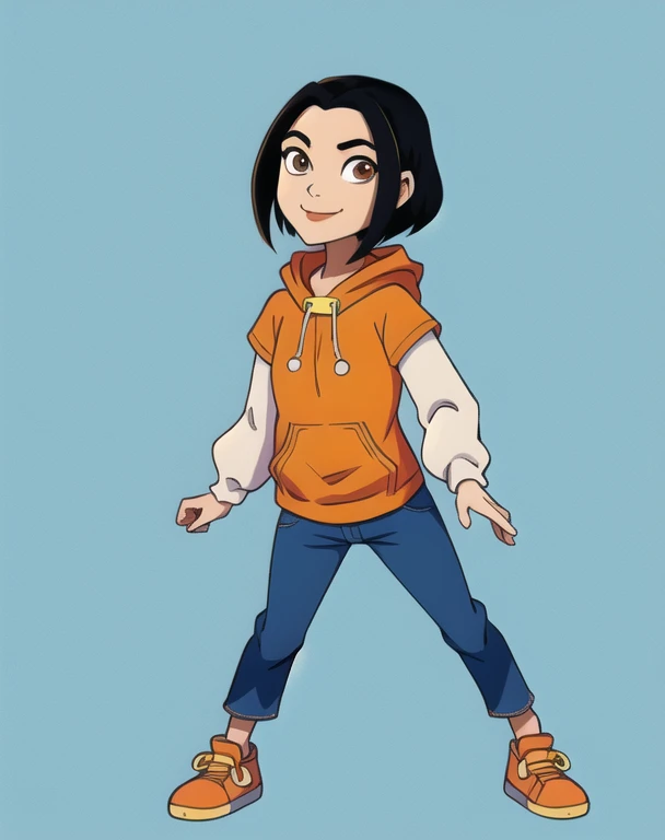 jadechan,short black hair,brown eyes,upper body, skinny, skinny legs, skinny hands, skinny neck, short stature,
orange short sleeved hoodie,white long sleeves,hood down,sneakers,blue pants,or jeans,hands in pockets,1girl,solo,(small breasts:1.2),short hair,black hair,charming posing, pants,cartoon Hong Kong,morning,(insanely detailed, beautiful detailed face, masterpiece, best quality) solo, smiling,charming posing, full body view,  