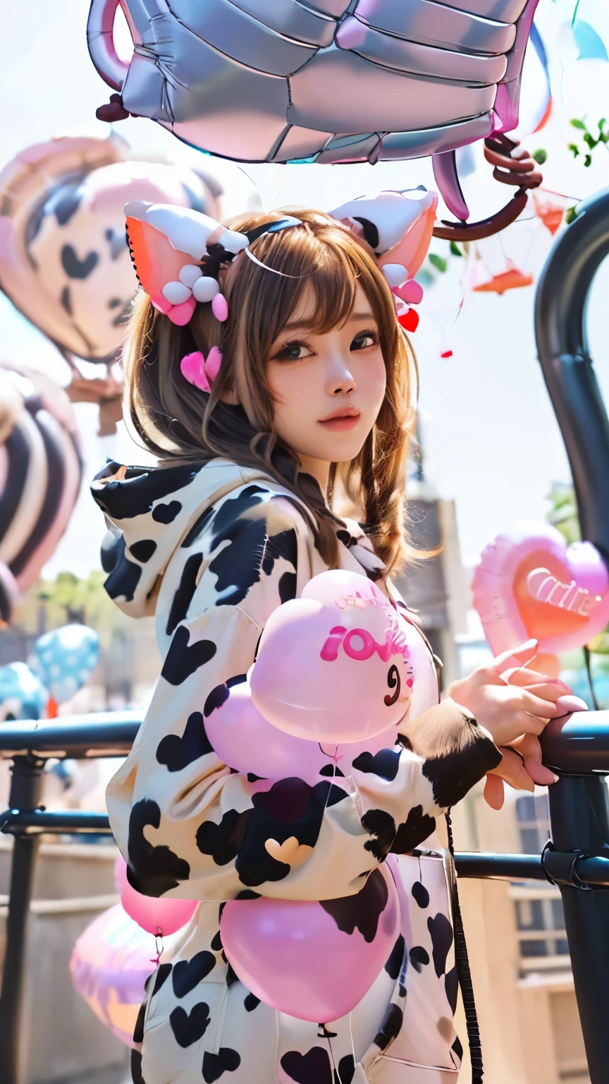 Masterpiece, 4K, bokeh, 55mm, F=1.2, Beautiful girl, (Japanese idle:1.6), (Cat ears:1.5), Light brown eyes, soft hair, (Pink and brack and white cow pattern hoodie:1.4),  Looking at the viewer, Closeup, (many Big Heart-shaped balloons:1.8), from below,