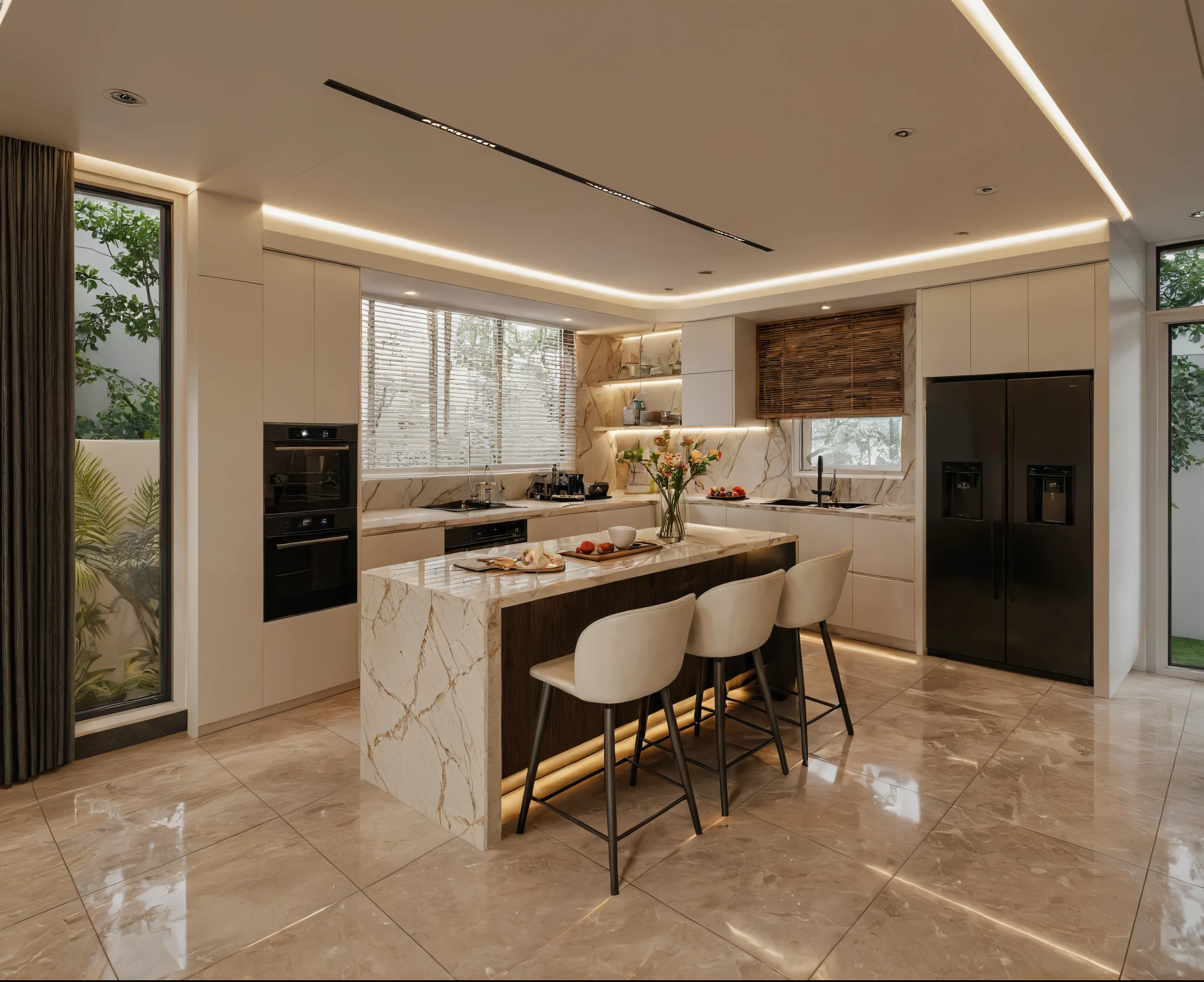 Raw photo,Masterpiece, high quality, best quality, authentic, super detail, interior, indoors, kitchen room style modern, White wall:1.4, White Marble floor:1.3, , (twilight:1.1), vivid colour, (realistic:1.2),