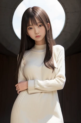 best quality, detailed, beautiful, insanely detailed, absurdres,perfect anatomy,
Japanese female,black hair,27 years old,
(slender),
(small breasts best quality),
surreal, close on, from below, crossed arms, detailed long hair, super fucking beautiful, happy, cream jumper dress school,