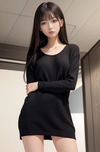 best quality, detailed, beautiful, insanely detailed, absurdres,perfect anatomy,
Japanese female,black hair,27 years old,
(slender),
(small breasts best quality),
surreal, close on, from below, crossed arms, detailed long hair, super fucking beautiful, happy, cream jumper dress school,