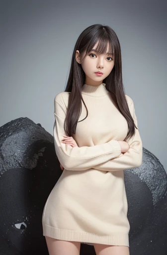 best quality, detailed, beautiful, insanely detailed, absurdres,perfect anatomy,
Japanese female,black hair,27 years old,
(slender),
(small breasts best quality),
surreal, close on, from below, crossed arms, detailed long hair, super fucking beautiful, happy, cream jumper dress school,