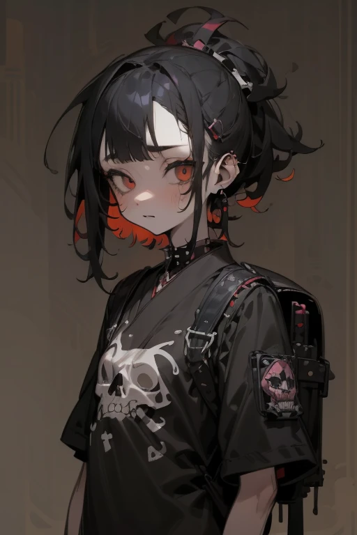 ((18-year-old punk girl,Unusual punk hair:1.3)),((Red and black punk fashion:1.5)),(Skeleton Brooch)Studded clothing、((punk rock patch))、((Black backpack on the back))、(Light black and blue hair:1.5),Wacky makeup、whole body, (masterpiece), (High resolution), (Very delicate), scribble, nightmare, Doll-like face, Manga style, rough sketch, Horror elements, Manga styleイラスト, Japanese painting, phantom, (Spooky), Japan sculpture, crazy illustration, antique, Dark atmosphere, Flat Illustration,Spookyな外観, Distinctive messy hairstyle, creative accessories, Unique atmosphere