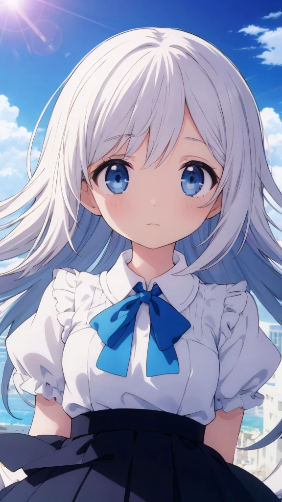 absurderes, hight resolution, (Anime style:1.1), ((masutepiece)), ((Best Quality)), (Ultra-detailed), (Beautiful), solo, Beautiful face、(liftup)、Cute looking at the view from the top of a skyscraper that is closer to the atmosphere,Wind,Thin White colorful long hair,, Blue Eyes,Lens Flare,Dramatic,Detailed Ancient City、Skirt fluttering in the wind、Clouds below looking down、(Don't look here:1.4)