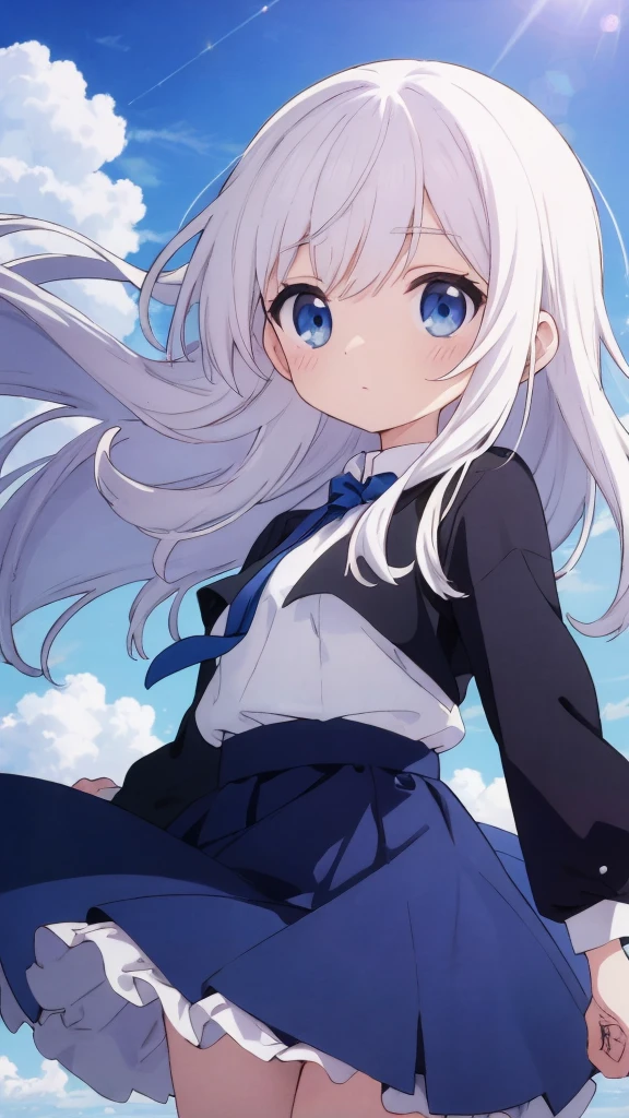 absurderes, hight resolution, (Anime style:1.1), ((masutepiece)), ((Best Quality)), (Ultra-detailed), (Beautiful), solo, Beautiful face、(liftup)、Cute looking at the view from the top of a skyscraper that is closer to the atmosphere,Wind,Thin White colorful long hair,, Blue Eyes,Lens Flare,Dramatic,Detailed Ancient City、Skirt fluttering in the wind、Clouds below looking down、(Don't look here:1.4)
