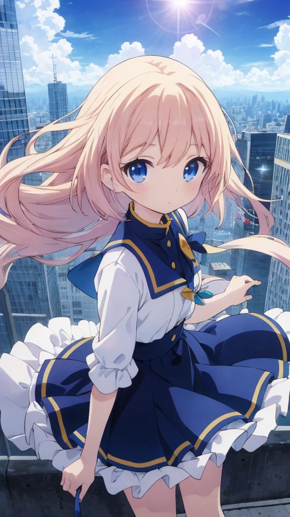 absurderes, hight resolution, (Anime style:1.1), ((masutepiece)), ((Best Quality)), (Ultra-detailed), (Beautiful), solo, Beautiful face、(liftup)、Cute looking at the view from the top of a skyscraper that is closer to the atmosphere,Wind,Thin White colorful long hair,, Blue Eyes,Lens Flare,Dramatic,Detailed Ancient City、Skirt fluttering in the wind、Clouds below looking down、(Don't look here:1.4)