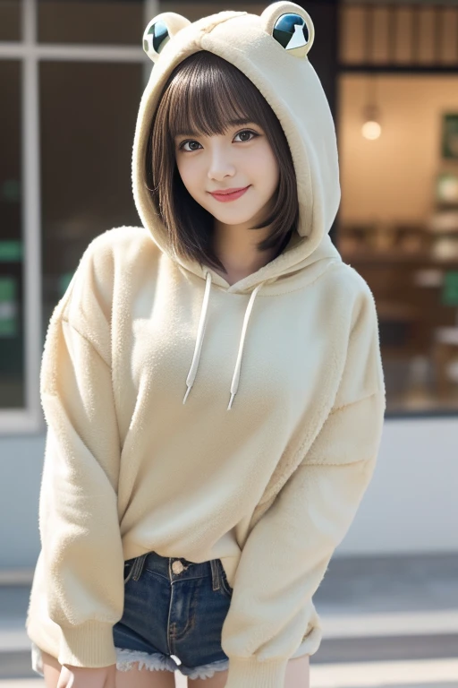 (((masterpiece, highest quality, Super detailed))), 1 female, (((very thin body))) , (((length, thin legs))), (((Beautiful short wavy black hair, thick and fluffy bangs ))), (((highly detailed face))), cosmetics,small, thin nose, small thin mouth, (((Very sharp focused eyes))), Japanese, beautiful face, smile,(lifelike face), beautiful hairstyle, realistic eyes, fine and beautiful eyes, (real looking skin), beautiful skin, charm, ultra high resolution, surreal, high detail, golden ratio, (detail makeup:1.2),(green Frog Costume:1.3,Frog Hoodie on),from below,perfect limbs,sculpture installation,have one's heart understood