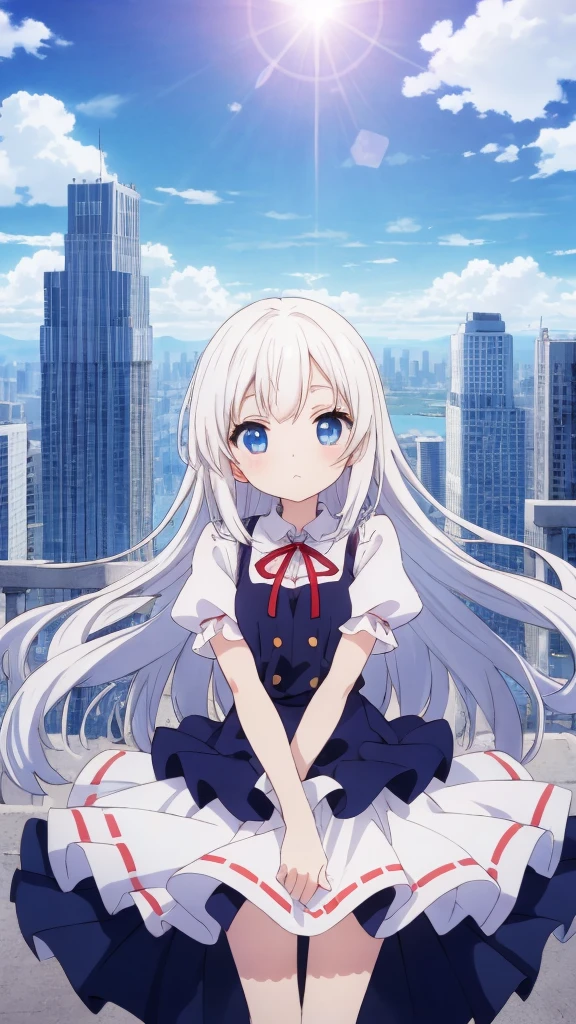 absurderes, hight resolution, (Anime style:1.1), ((masutepiece)), ((Best Quality)), (Ultra-detailed), (Beautiful), solo, Beautiful face、(liftup)、Cute  looking at the view from the top of a skyscraper that is closer to the atmosphere,Wind,Thin White colorful long hair,, Blue Eyes,Lens Flare,Dramatic,Detailed Ancient City、Skirt fluttering in the wind、Clouds below looking down、(Don't look here:1.4)