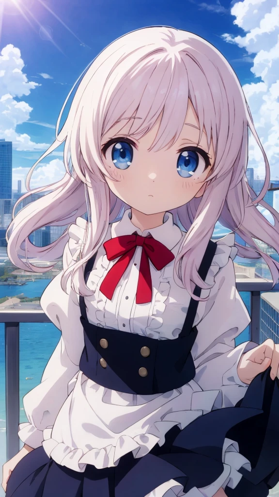 absurderes, hight resolution, (Anime style:1.1), ((masutepiece)), ((Best Quality)), (Ultra-detailed), (Beautiful), solo, Beautiful face、(liftup)、Cute looking at the view from the top of a skyscraper that is closer to the atmosphere,Wind,Thin White colorful long hair,, Blue Eyes,Lens Flare,Dramatic,Detailed Ancient City、Skirt fluttering in the wind、Clouds below looking down、(Don't look here:1.4)