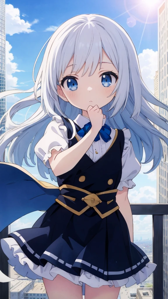 absurderes, hight resolution, (Anime style:1.1), ((masutepiece)), ((Best Quality)), (Ultra-detailed), (Beautiful), solo, Beautiful face、(liftup)、Cute looking at the view from the top of a skyscraper that is closer to the atmosphere,Wind,Thin White colorful long hair,, Blue Eyes,Lens Flare,Dramatic,Detailed Ancient City、Skirt fluttering in the wind、Clouds below looking down、(Don't look here:1.4)